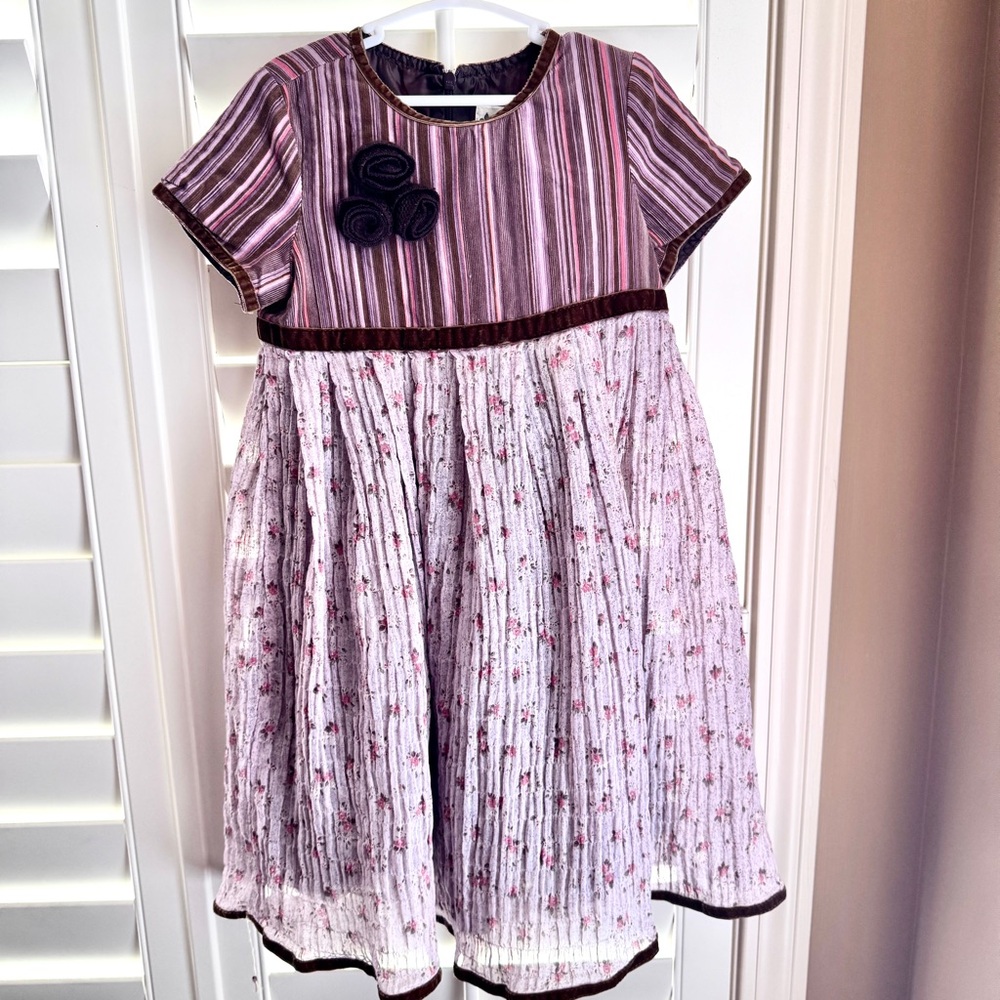 Trish Scully Girls Dress Size 4 Y2K Vintage Pleated Floral Stripe Made in USA